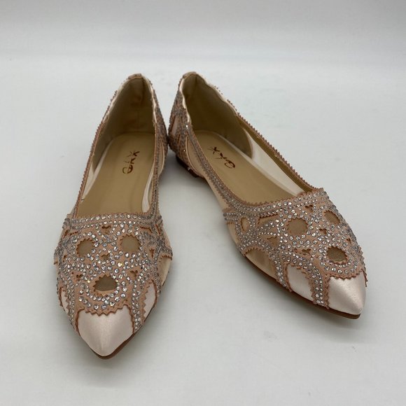 XYD Nude Pink Pointed Toe Rhinestone Mesh Flat - Picture 2 of 11